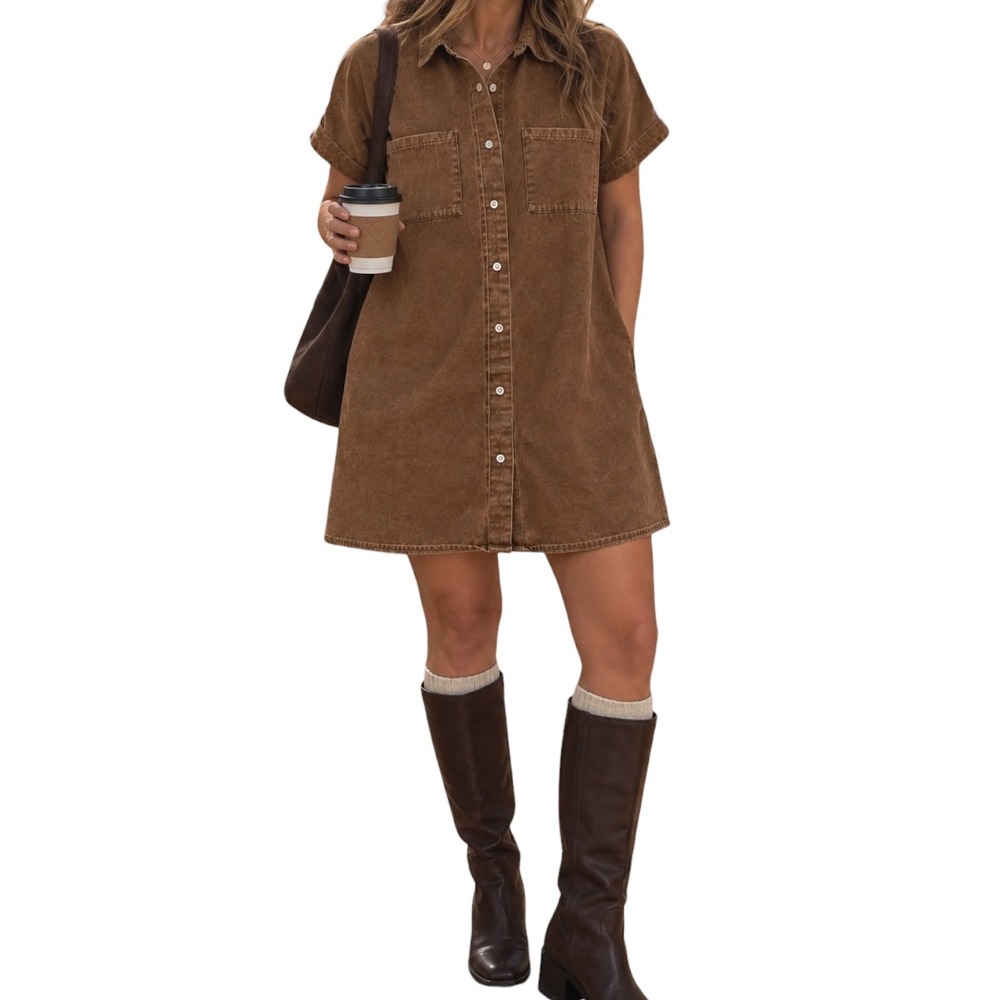 Zilcremo Womens Brown Short Sleeve Button Down Shirt Dress Utility Pockets Sz M